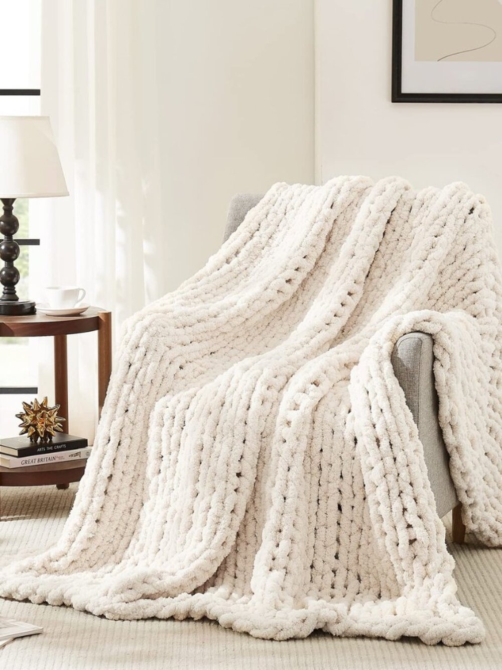 Chunky Knit Throw Blanket for Couch, 50'' x 60'' Knit Throw, Ivory